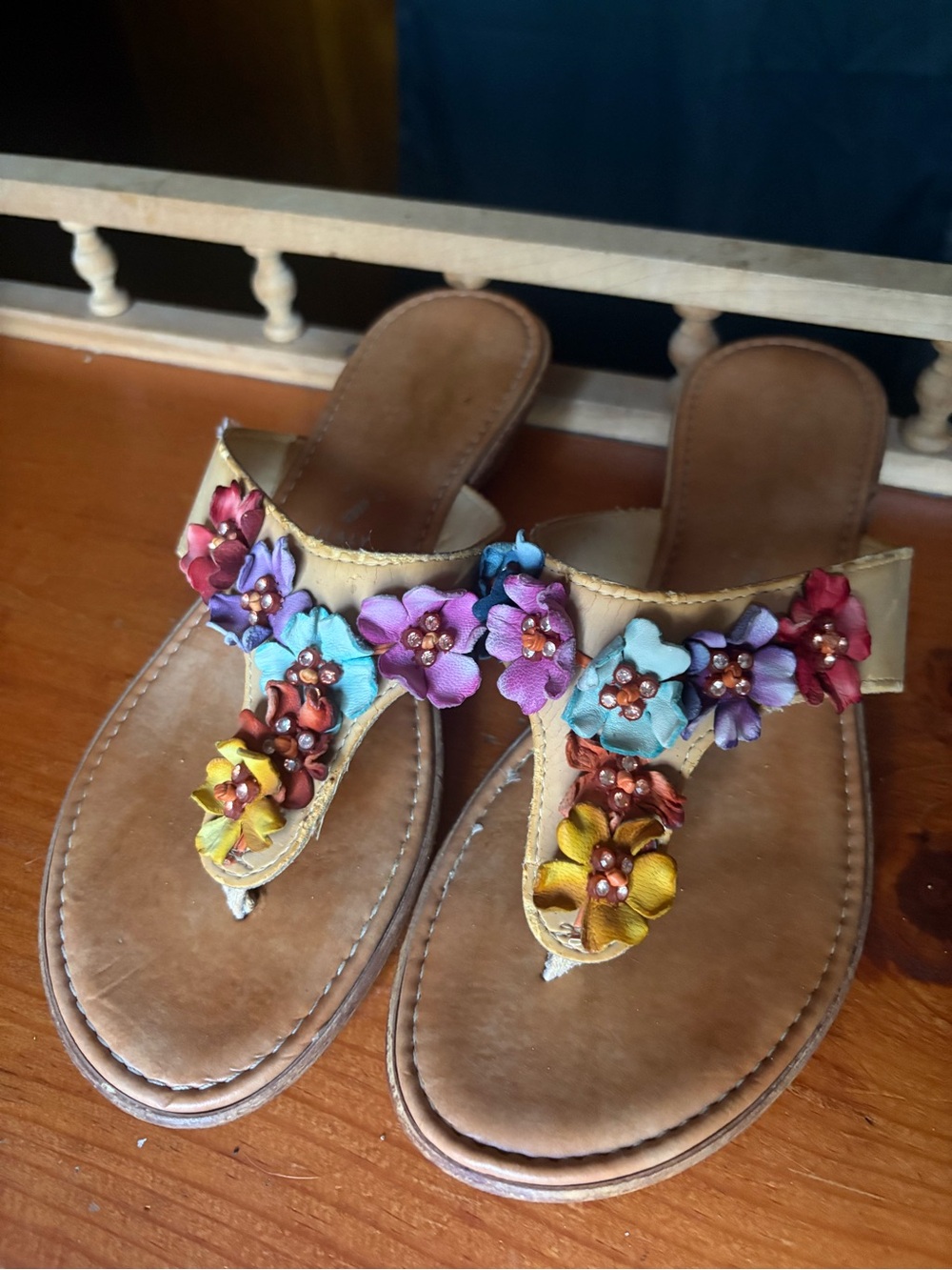 Handcrafted Floral Leather Thong Sandals - Multicolor